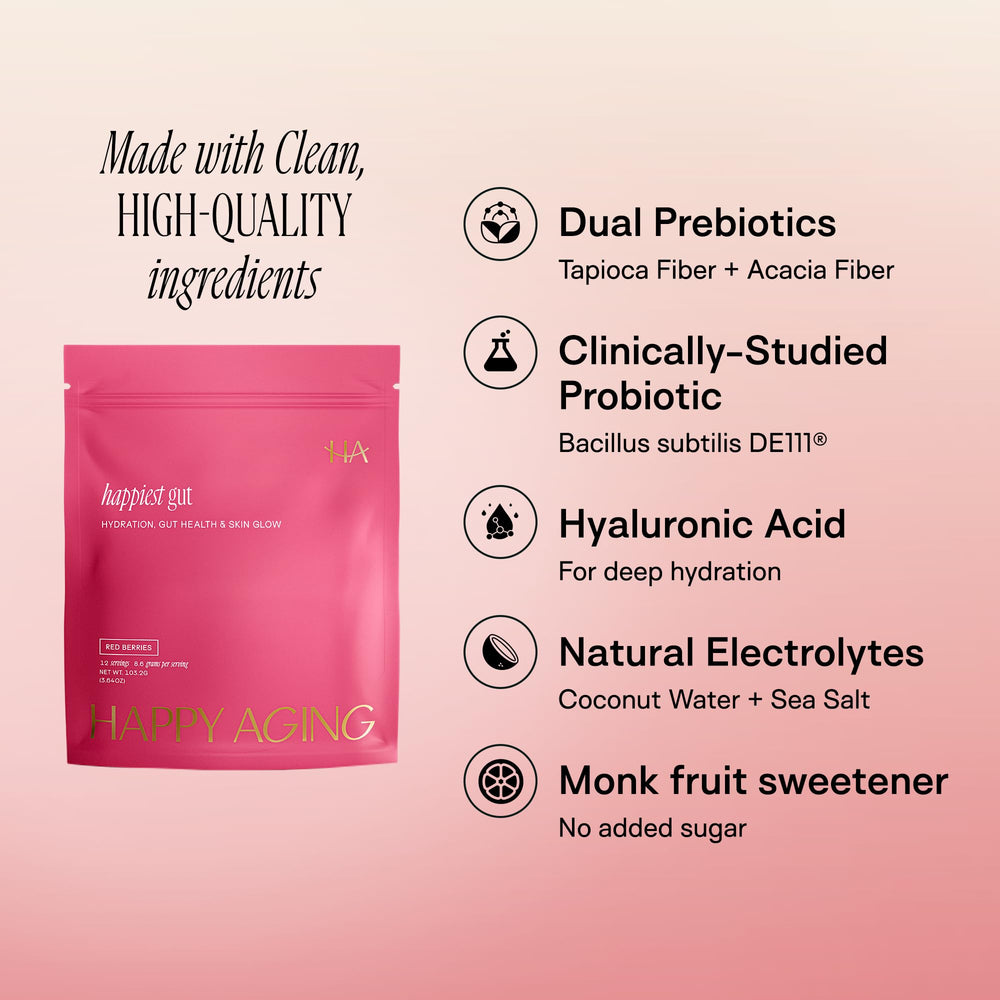 Happy Aging Happiest Gut Probiotics DE111 bottle shown beside a glass for digestive support