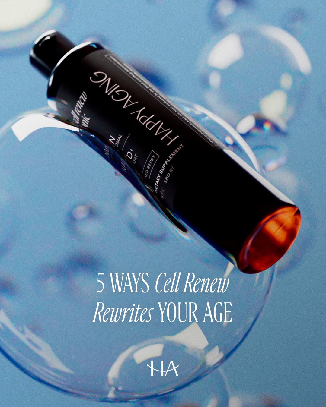 Happy Aging Liquid NMN scoop beside bottle highlighting clean vegan formula