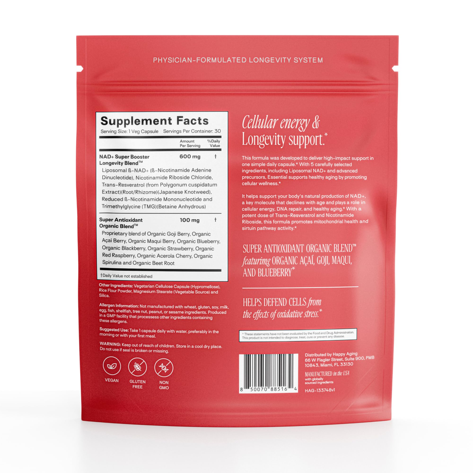 Happy Aging NAD supplement packaging emphasizes vegan, non-GMO formulation for clean daily use.
