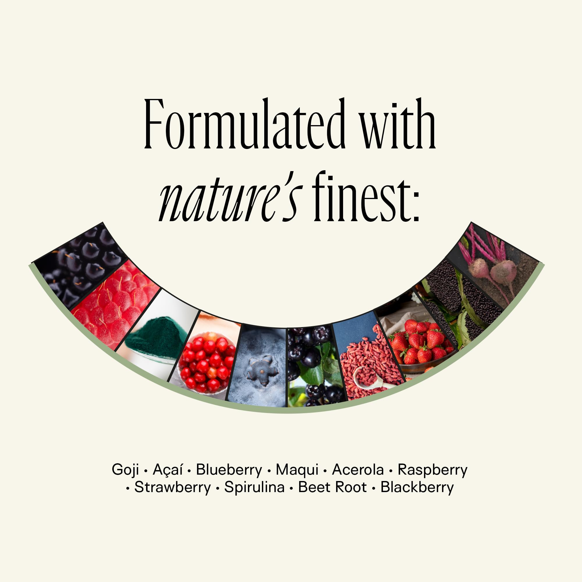 Happy Aging organic superfruit blend image highlights goji, acai, maqui, blueberry for skin hydration.