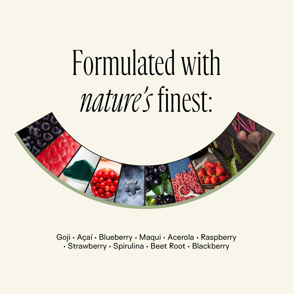 Happy Aging organic superfruit blend image highlights goji, acai, maqui, blueberry for skin hydration.