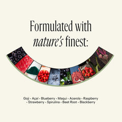 Happy Aging organic superfruit blend image highlights goji, acai, maqui, blueberry for skin hydration.