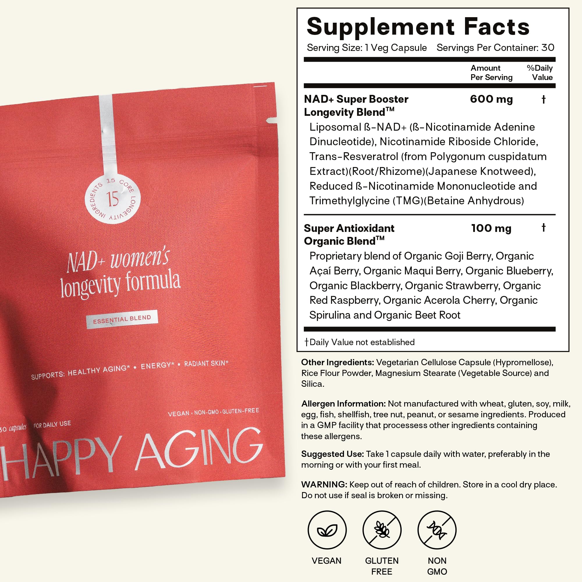 Happy Aging product in use with two capsules ready for daily routine.