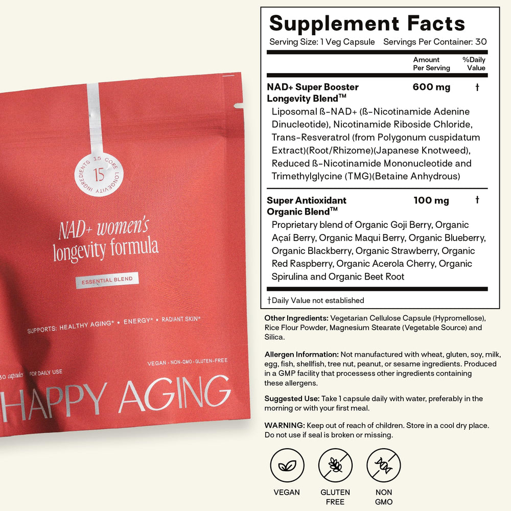 Happy Aging product in use with two capsules ready for daily routine.