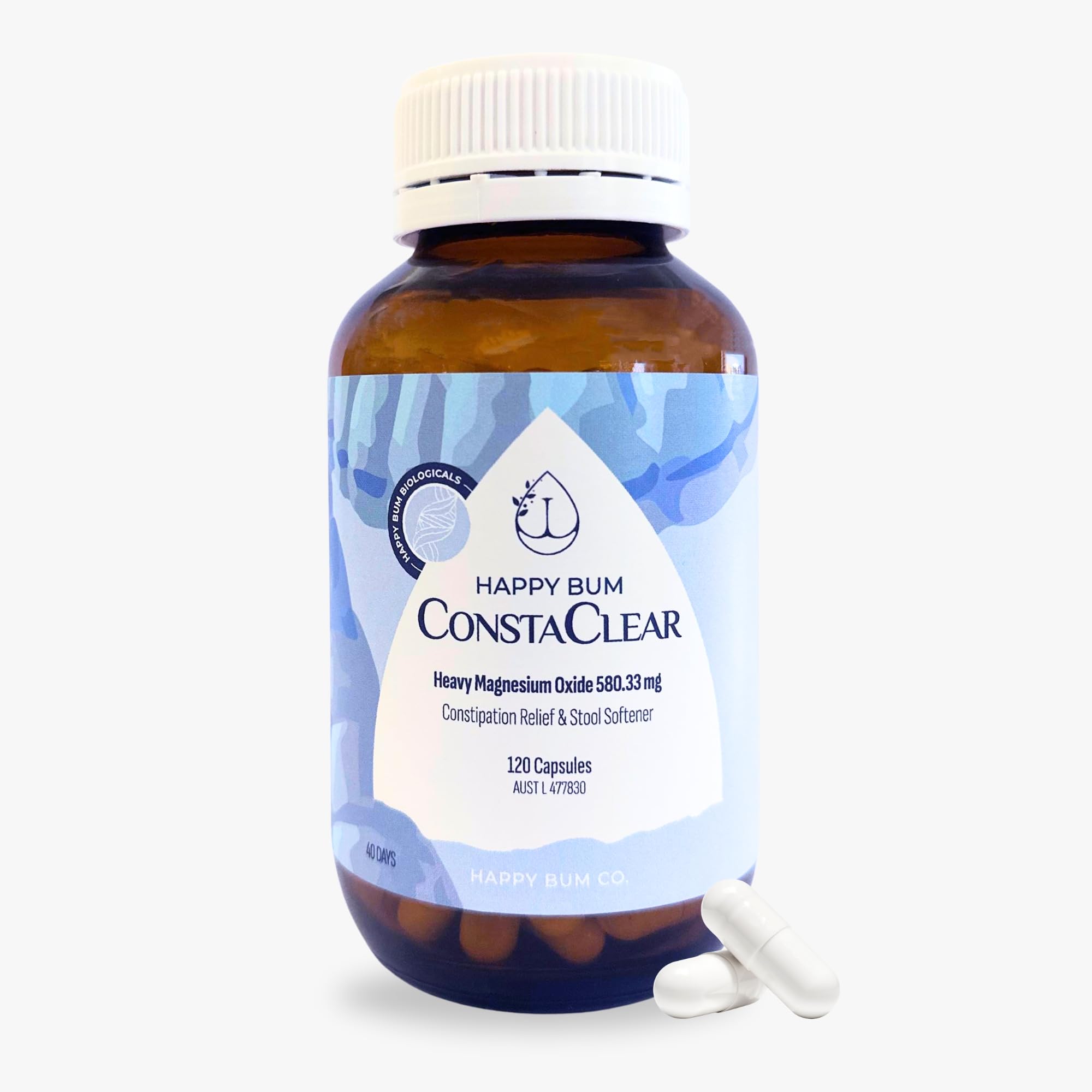 Happy Bum CostaClear bottle pour demonstrates gentle relief for travel-friendly digestion.
