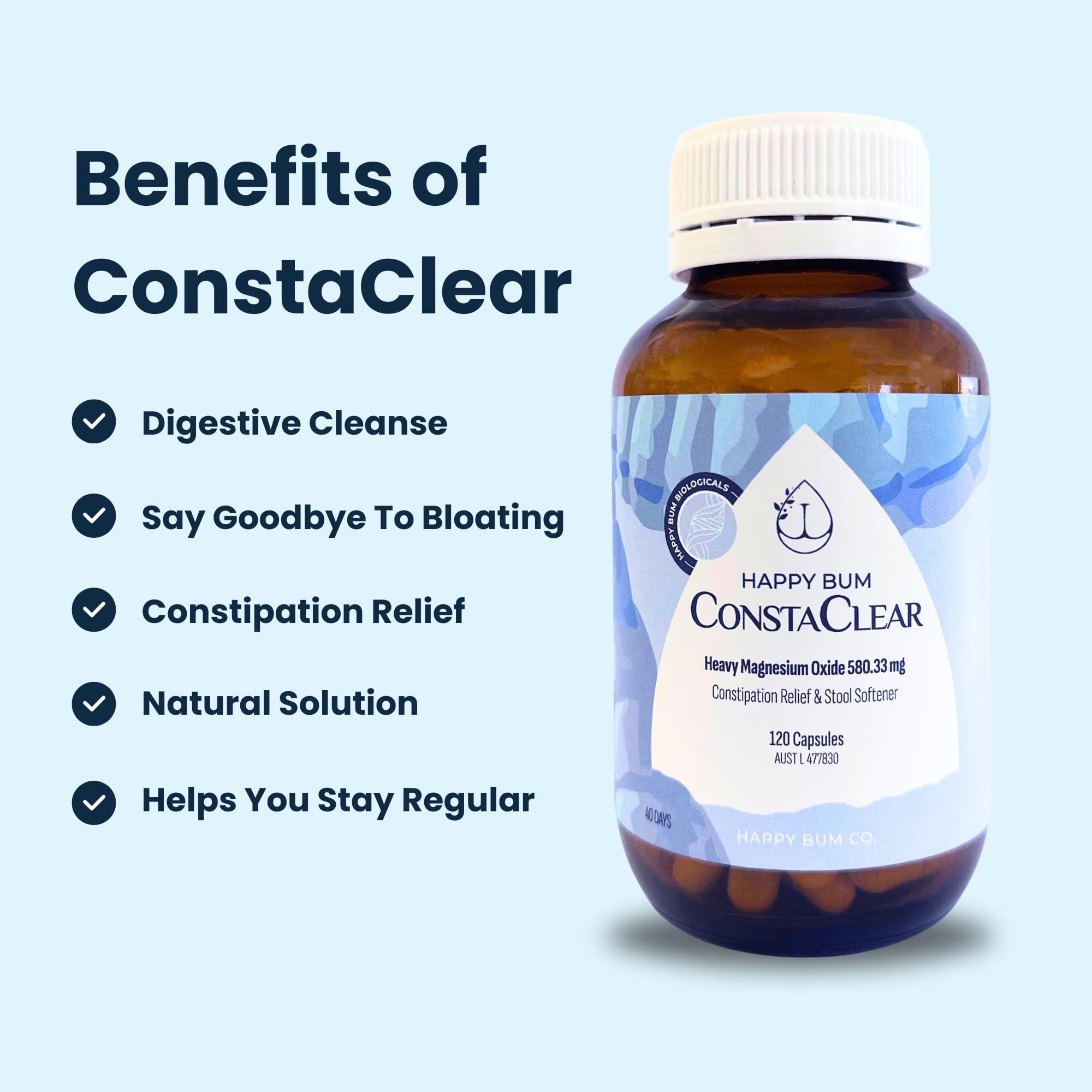 Happy Bum CostaClear capsules closeup highlight easy magnesium support.