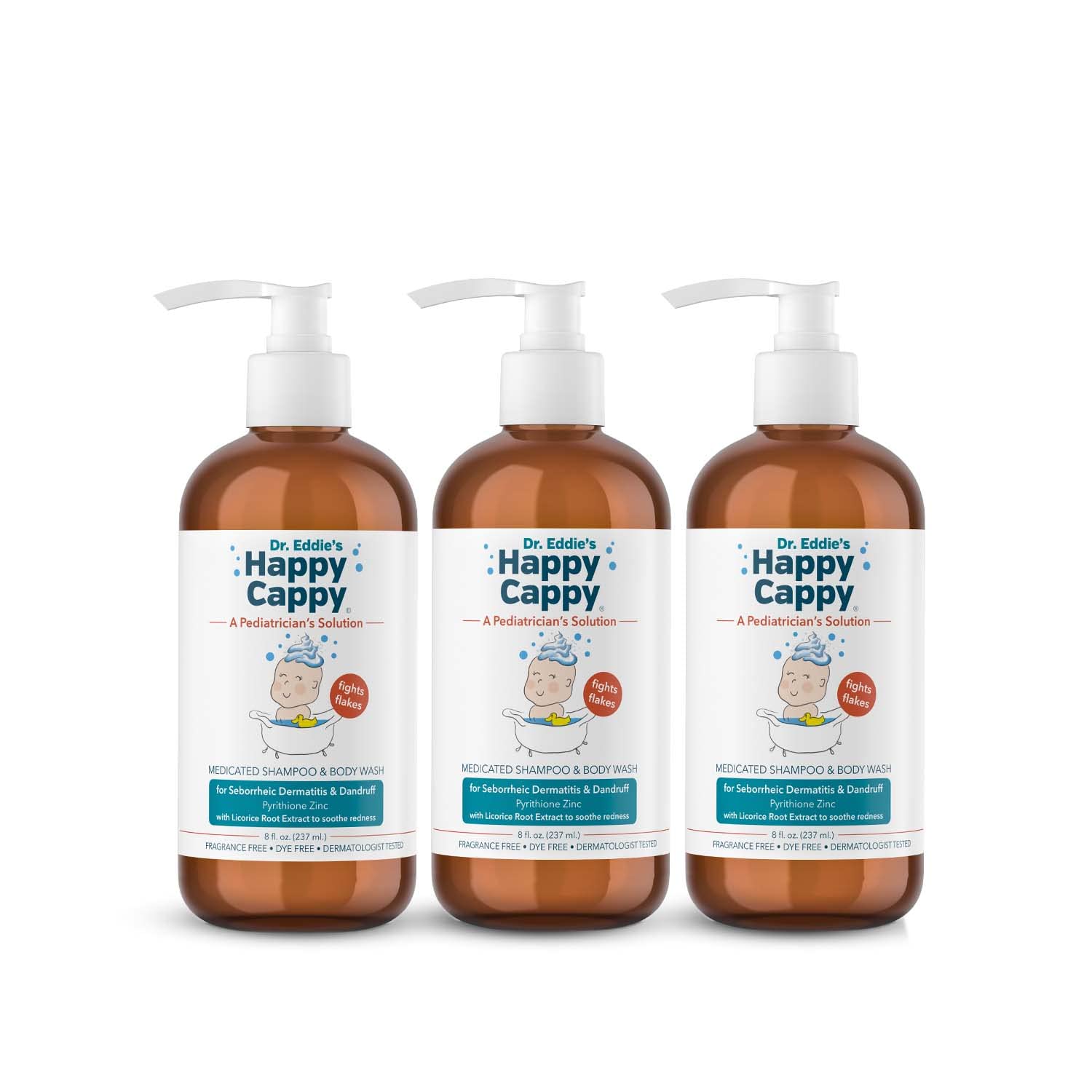 Happy Cappy Dr. Eddie’s medicated shampoo bottle front view for gentle scalp care.