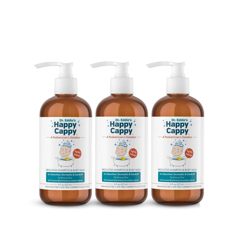 Happy Cappy Dr. Eddie’s medicated shampoo bottle front view for gentle scalp care.