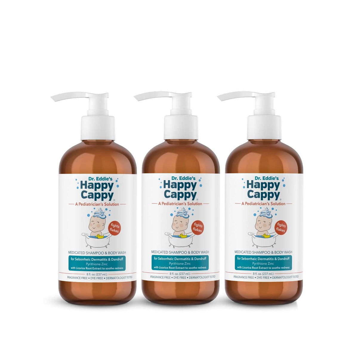 Happy Cappy Dr. Eddie’s medicated shampoo bottle front view for gentle scalp care.