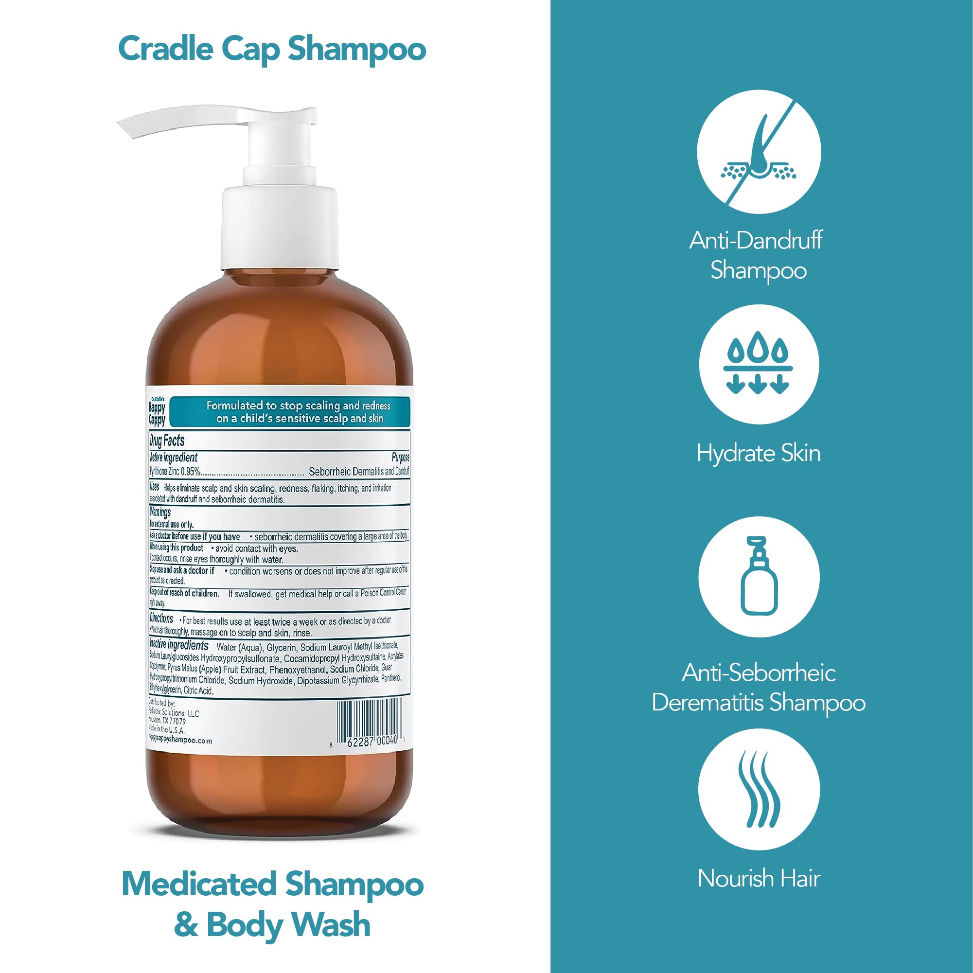 Happy Cappy Dr. Eddie’s medicated shampoo label close-up showing fragrance-free formula.