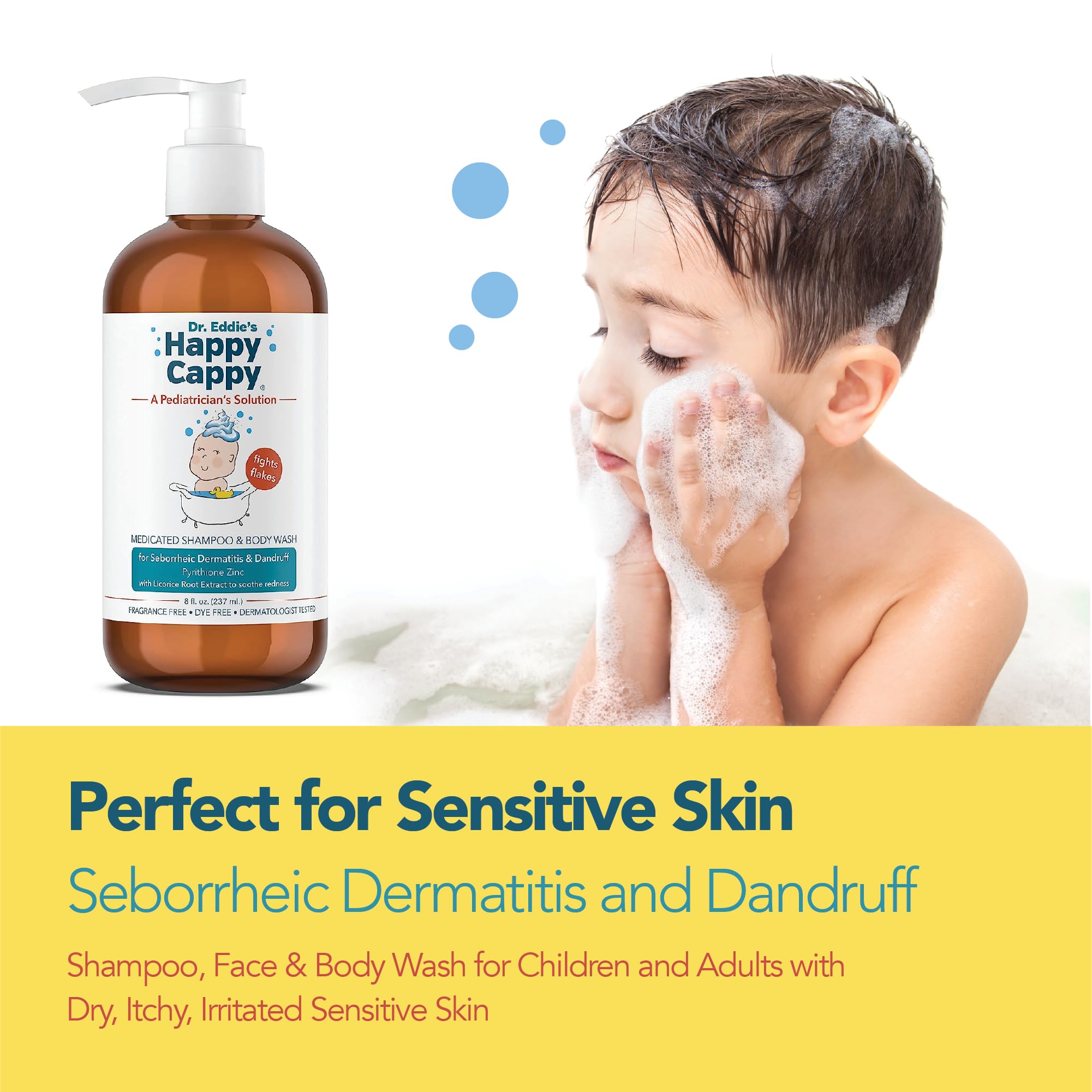Happy Cappy Dr. Eddie’s medicated shampoo used in a toddler routine.