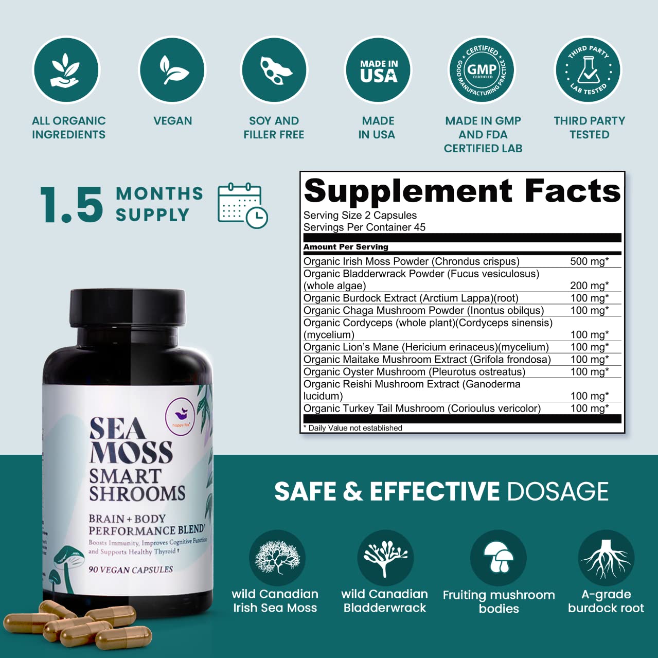 Happy Fox Mushroom Complex Capsules close-up with nutrient-rich formulation.