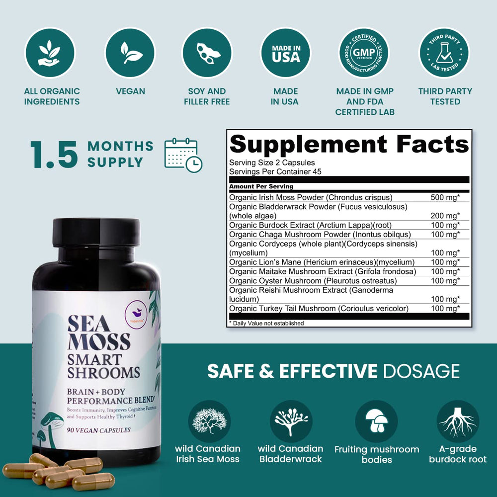 Happy Fox Mushroom Complex Capsules close-up with nutrient-rich formulation.