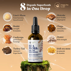 Happy Fox Mushroom Tincture bottle close-up highlighting convenient adaptogenic support.
