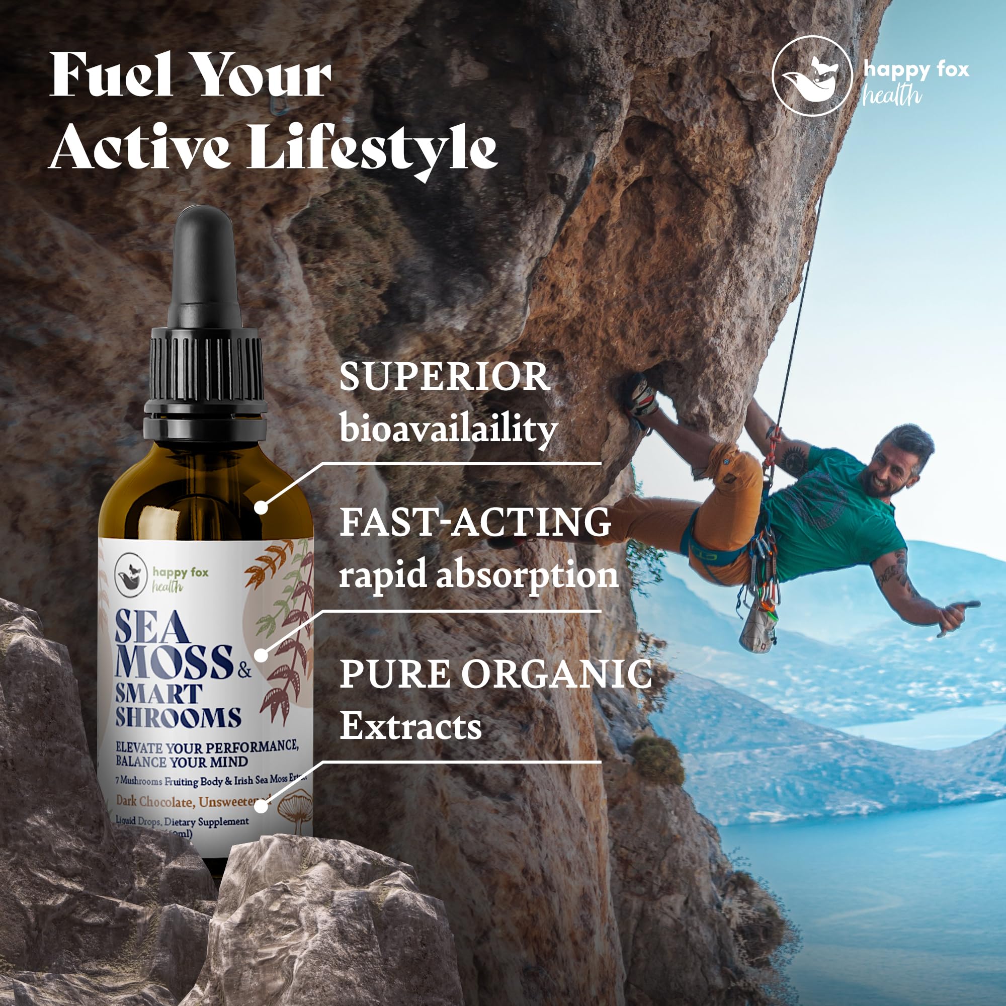 Happy Fox ingredients label highlights organic sea moss and seven mushrooms.