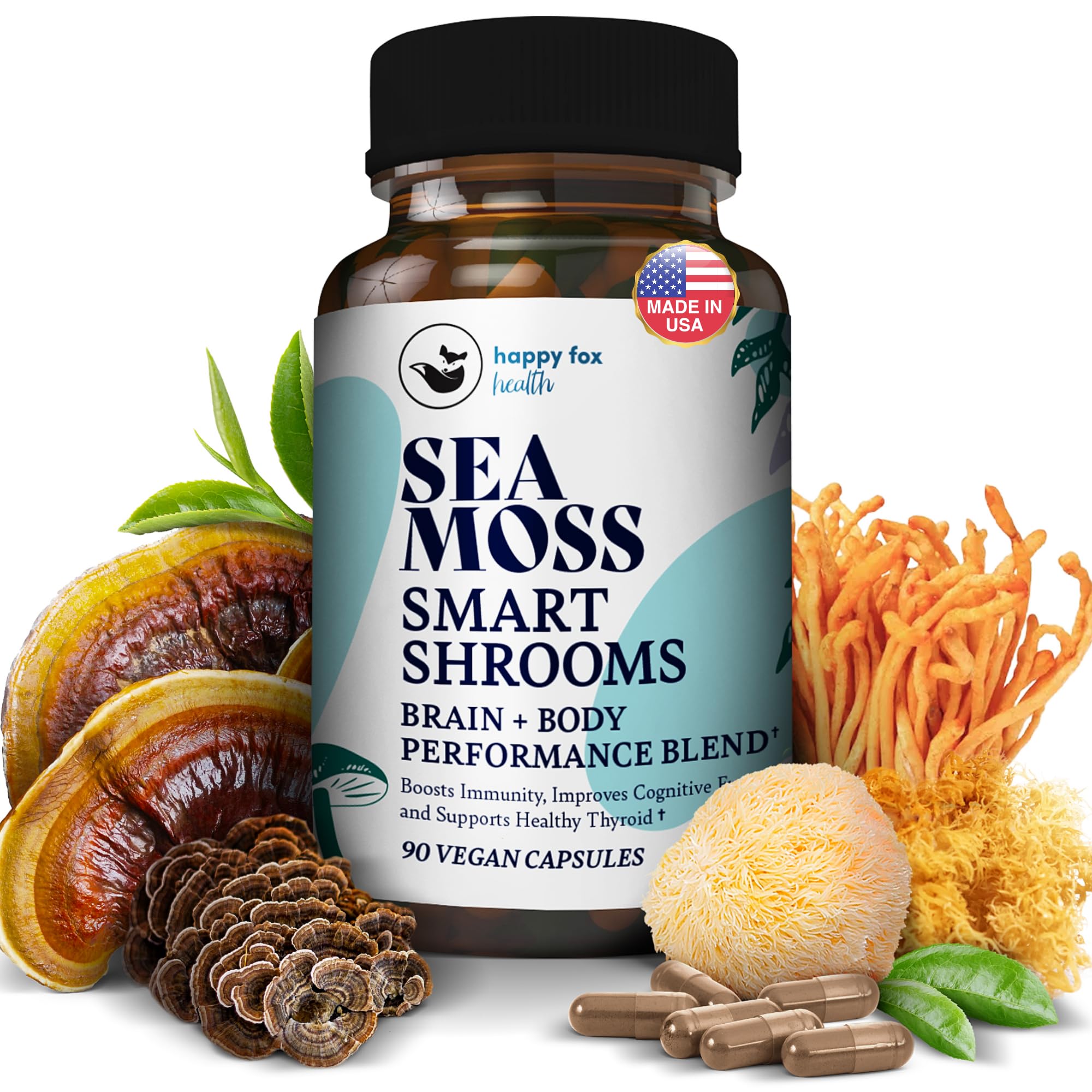 Happy Fox Sea Moss Capsules bottle front for daily wellness support.
