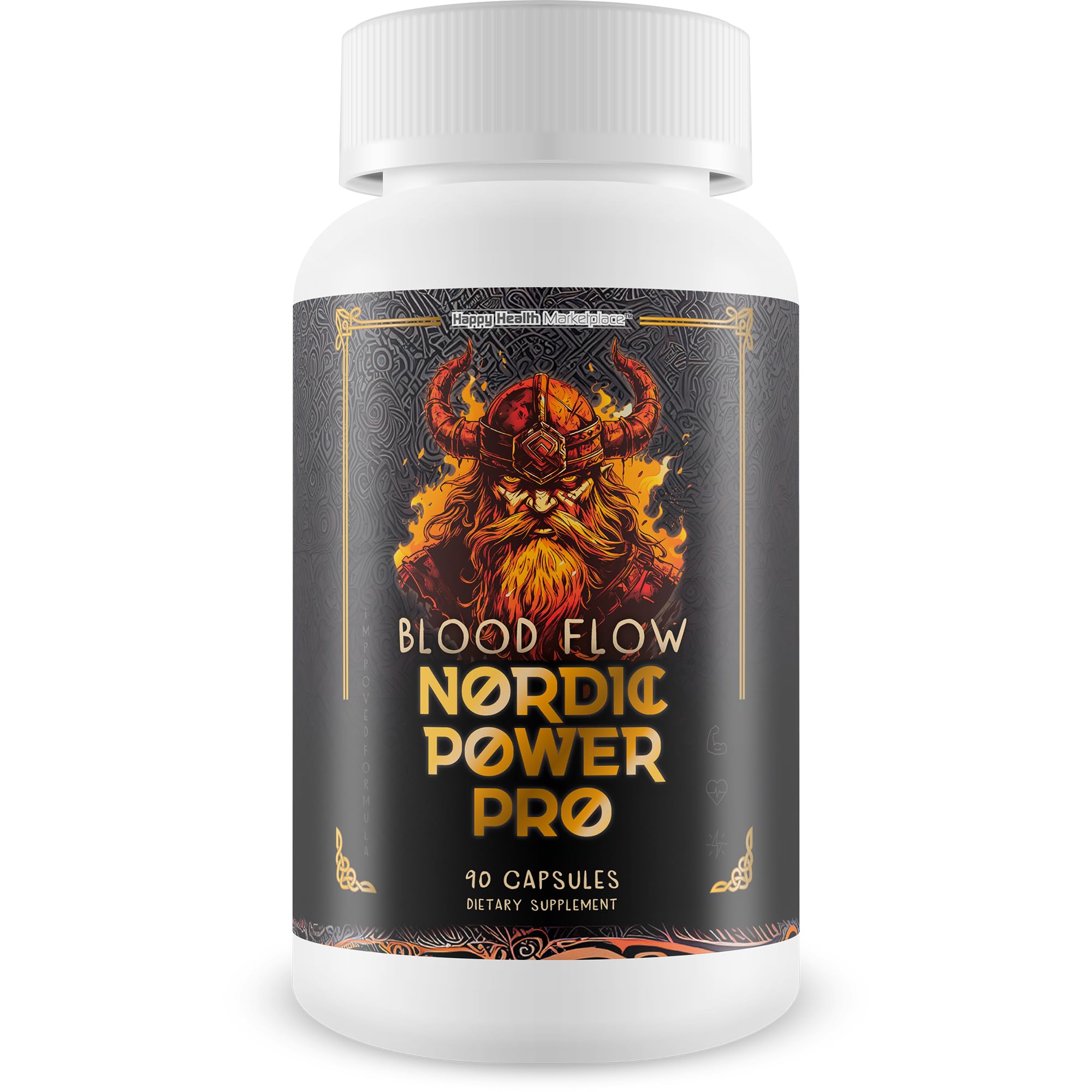Happy Health Blood Flow Nordic Power Pro bottle on a clean surface signaling daily circulation support