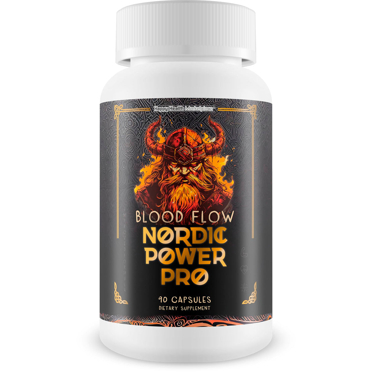 Happy Health Blood Flow Nordic Power Pro bottle on a clean surface signaling daily circulation support