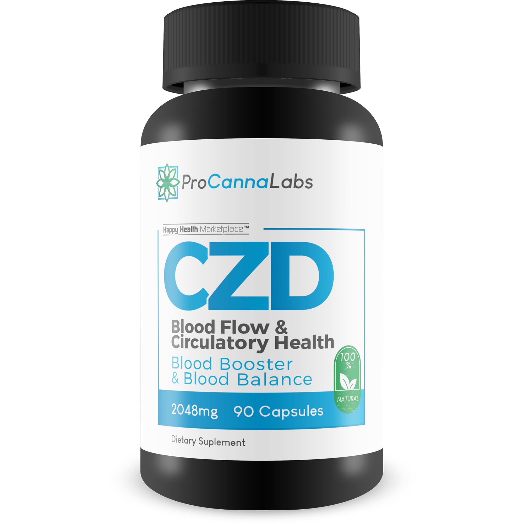 Happy Health CDZ supplement bottle for daily blood flow support and nutrient delivery