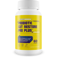 Happy Health Gut Restore Pro Plus bottle being poured for daily probiotic routine.