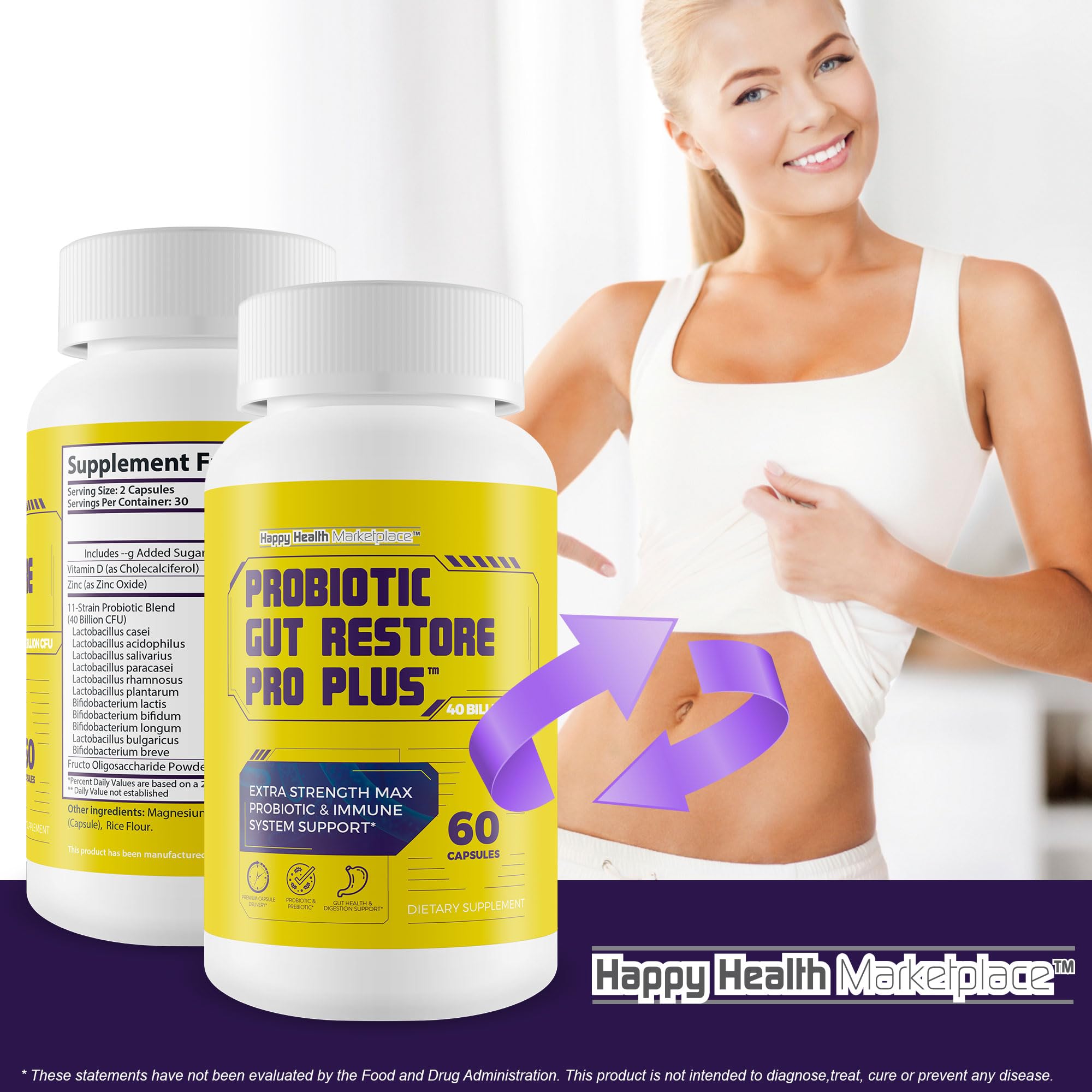 Happy Health Gut Restore Pro Plus on desk beside a healthy breakfast.