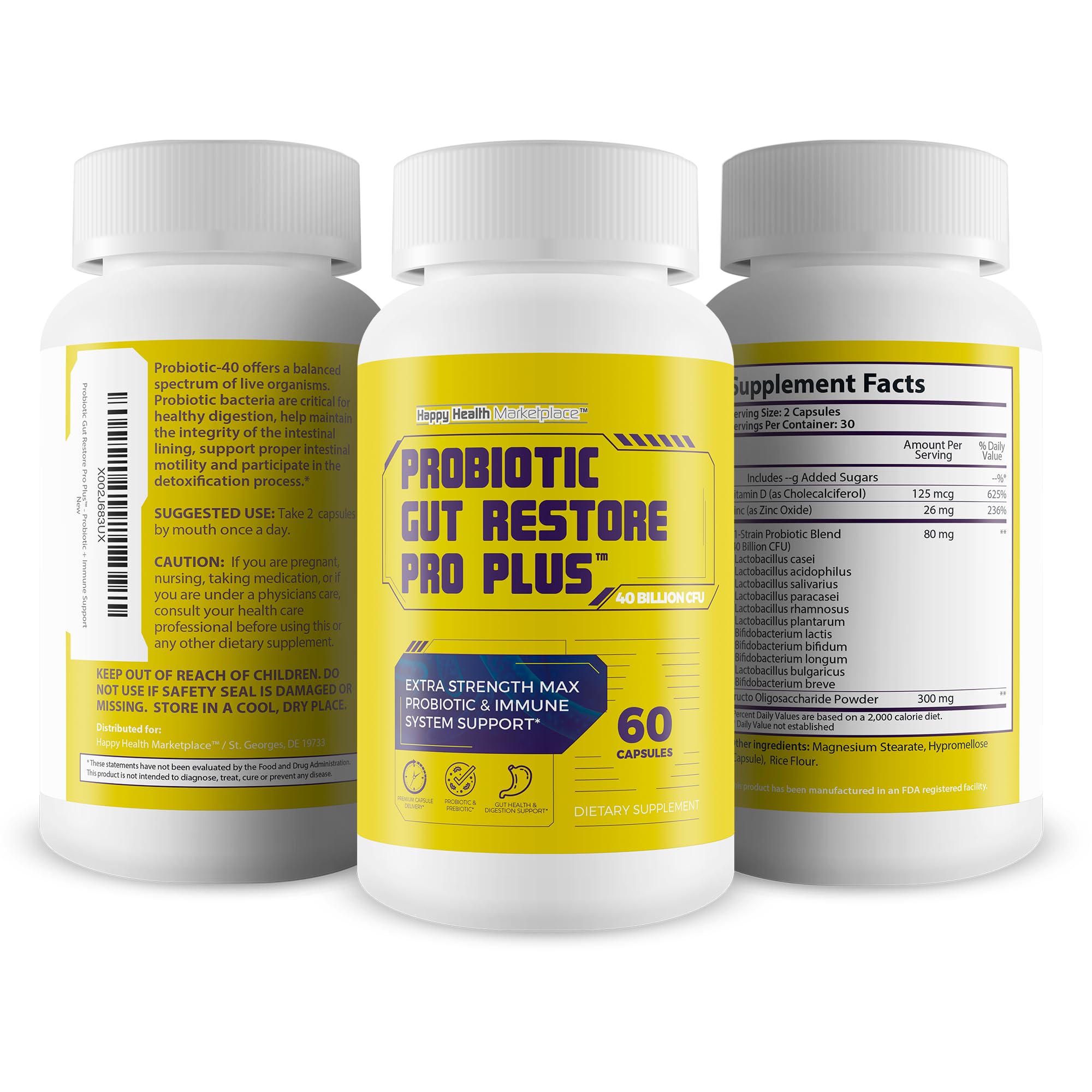 Happy Health Gut Restore Pro Plus in an immunity-focused scene with bottle.