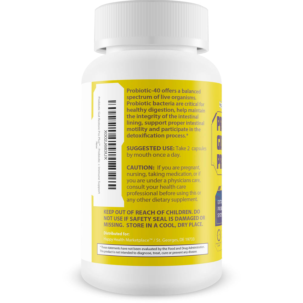 Happy Health Gut Restore Pro Plus label front highlights 40B CFU potency.