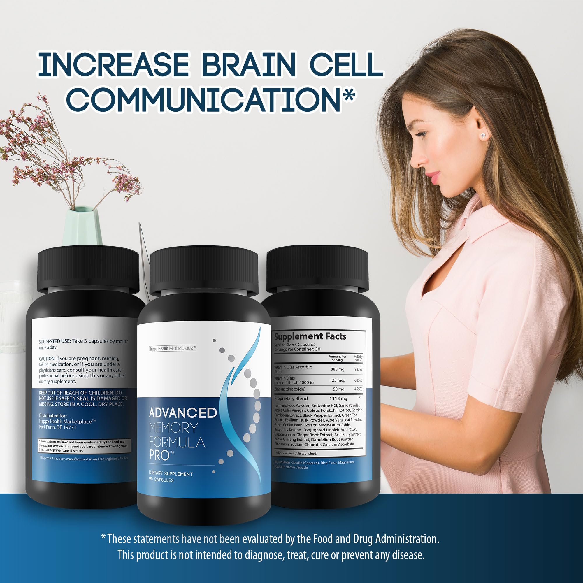 Happy Health Marketplace Advanced Memory Formula Pro ingredients card turmeric and ginseng.
