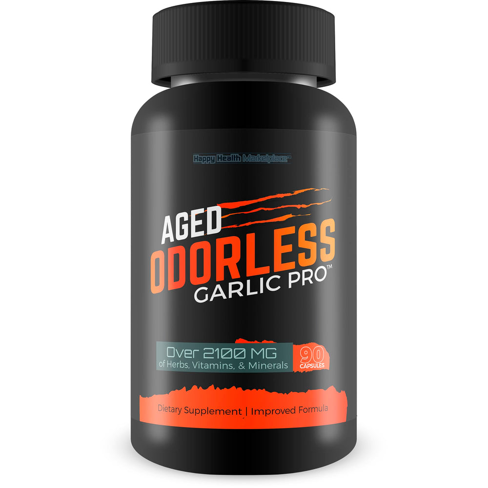 Happy Health Marketplace Aged Odorless Garlic Pro bottle with odor-free capsules for daily immune support.