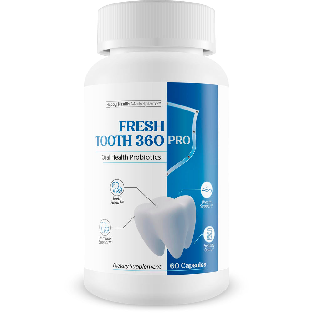Happy Health Marketplace Fresh Tooth 360 Pro bottle close-up for daily oral care.