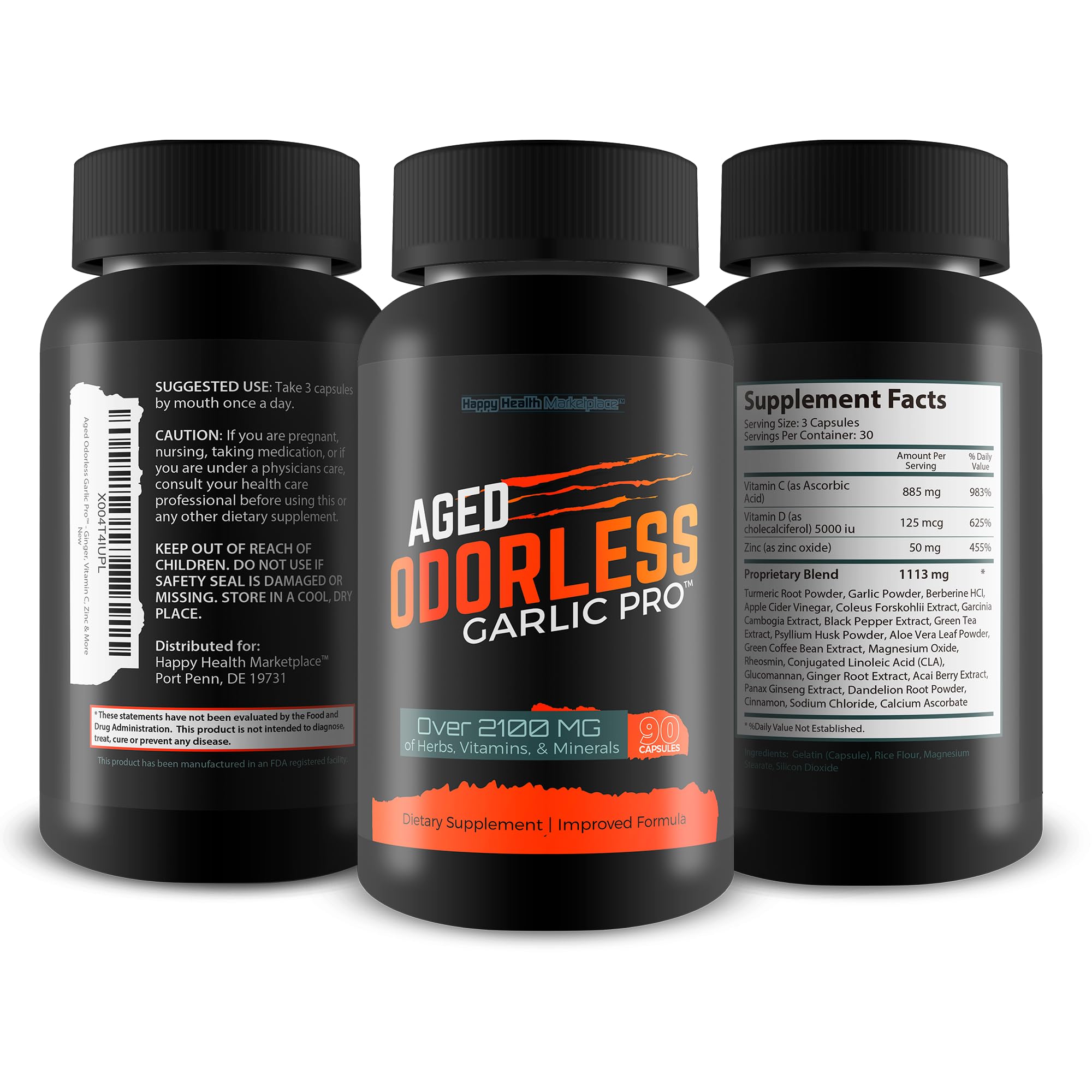 Close-up of Aged Odorless Garlic Pro label highlighting ingredients and odor-free formula.