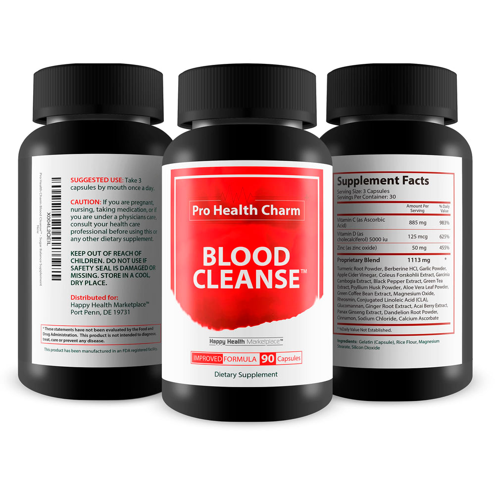 Happy Health Marketplace Pro Health Charm Blood Cleanse bottle pour demonstrating easy dosage for daily use.