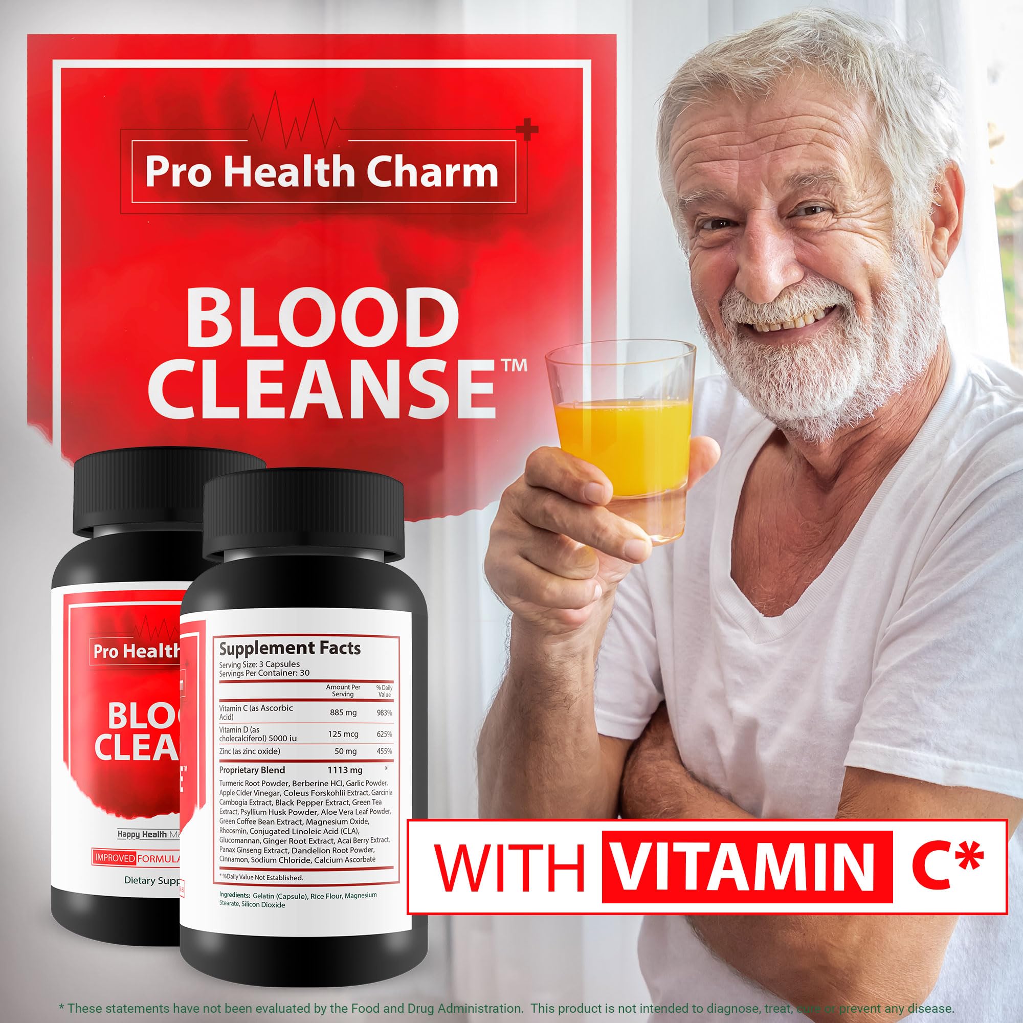 Happy Health Marketplace Pro Health Charm Blood Cleanse ingredients graphic highlighting turmeric berberine cinnamon.