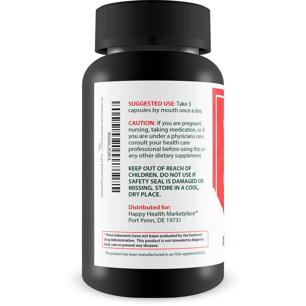 Happy Health Marketplace Pro Health Charm Blood Cleanse label showing ingredients like turmeric and berberine.