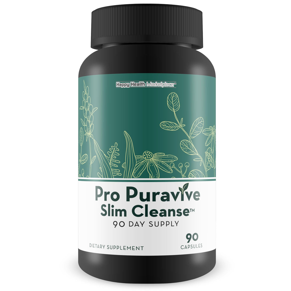 Happy Health Marketplace Puravive Slim bottle front view showing a 90‑day detox routine