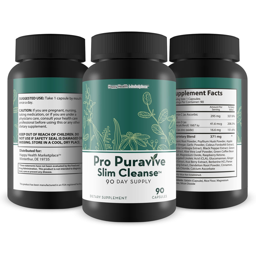 Happy Health Marketplace Puravive Slim packaging box emphasizing USA‑made quality