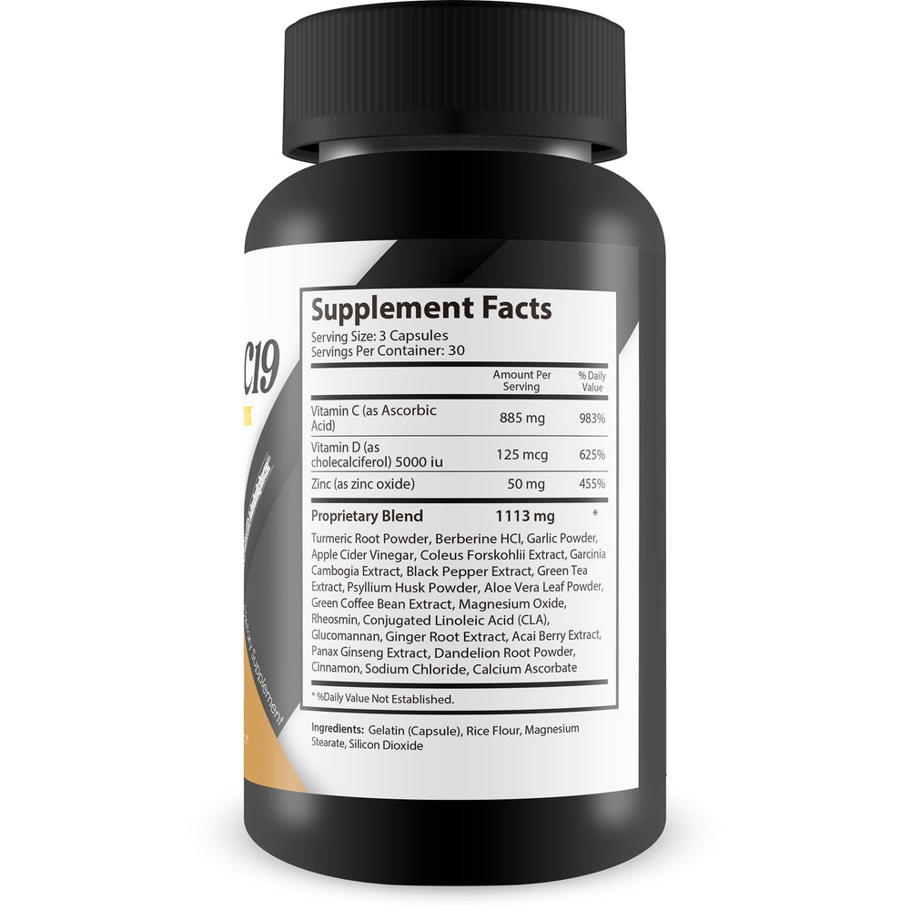 Spikey C19 capsules dispensed from bottle showing daily dose.