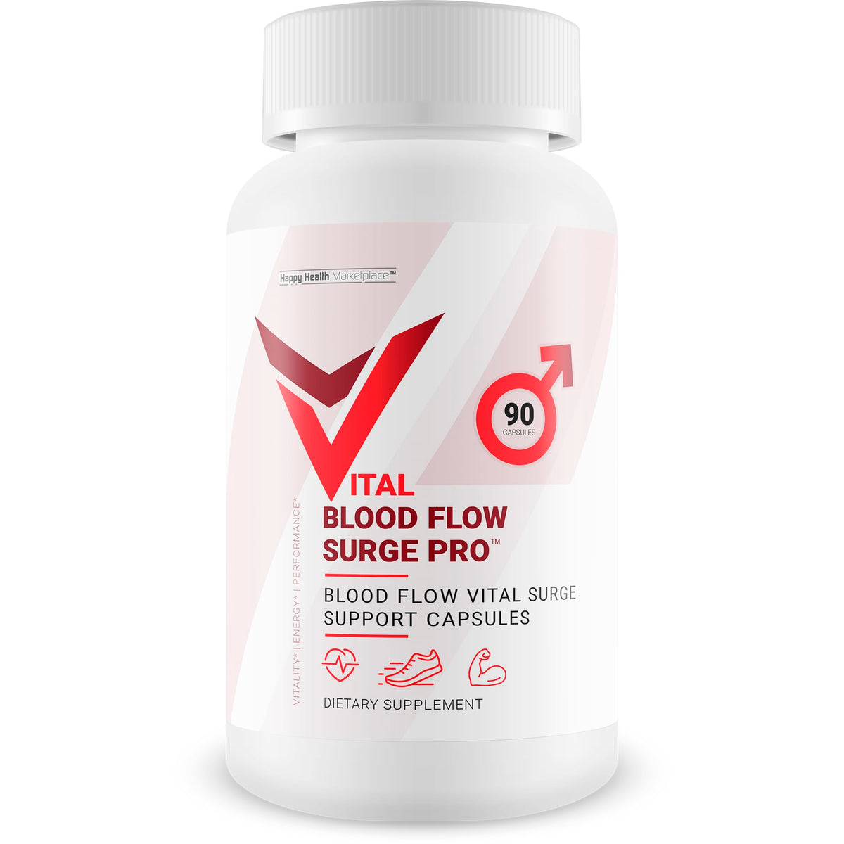 Happy Health Marketplace Vital Blood Flow Surge Pro bottle with capsules for daily circulation support.