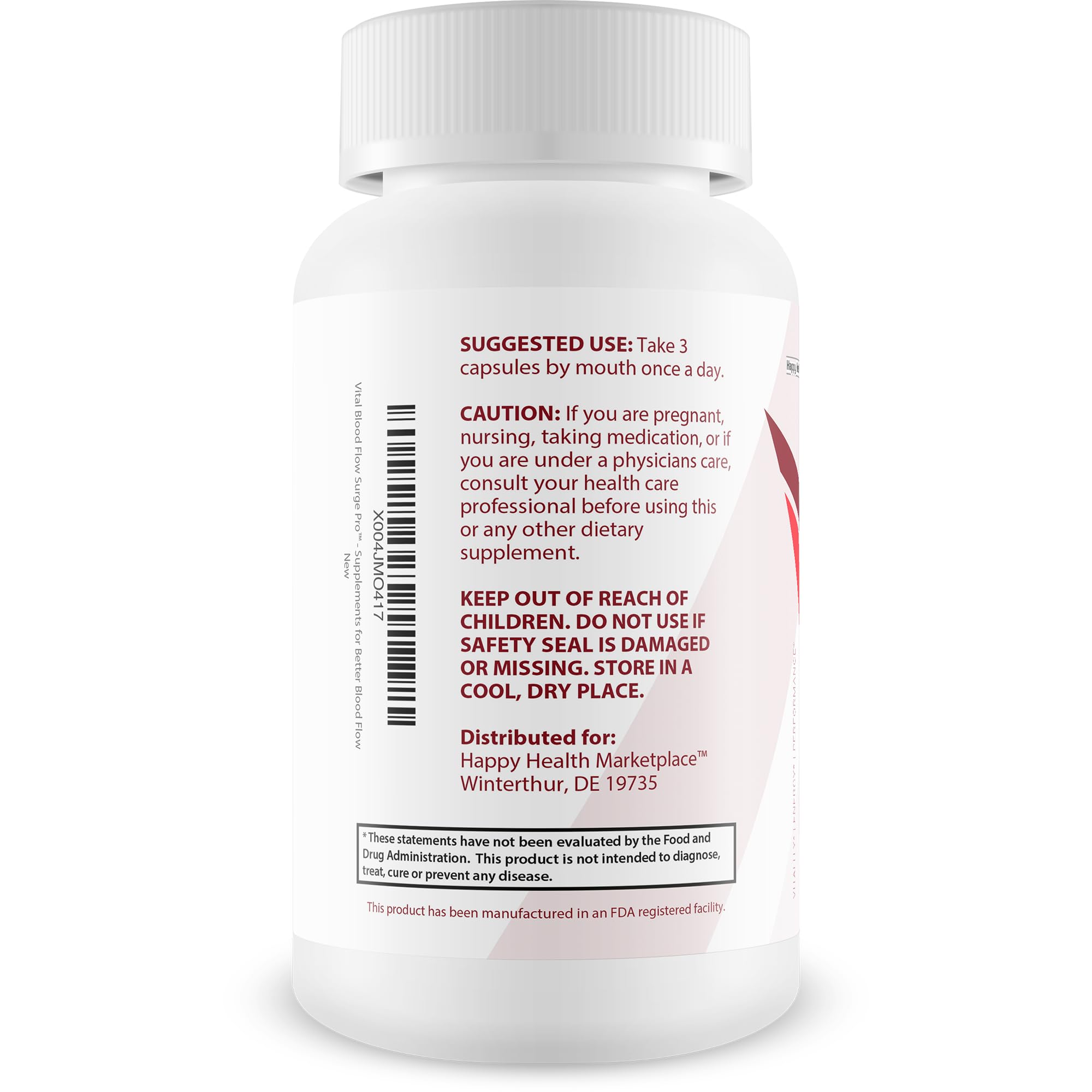 Close-up of the Vital Blood Flow Surge Pro label highlighting natural ingredients for nitric oxide support.