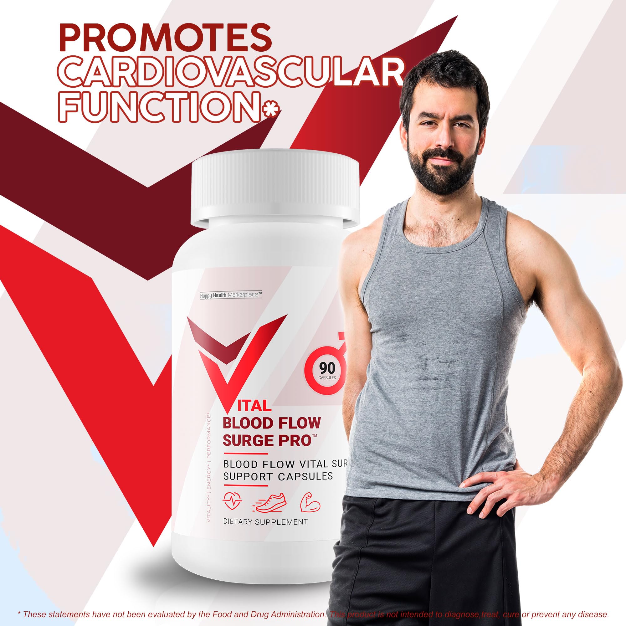 Happy Health Marketplace Vital Blood Flow Surge Pro made in the USA badge emphasizing quality.