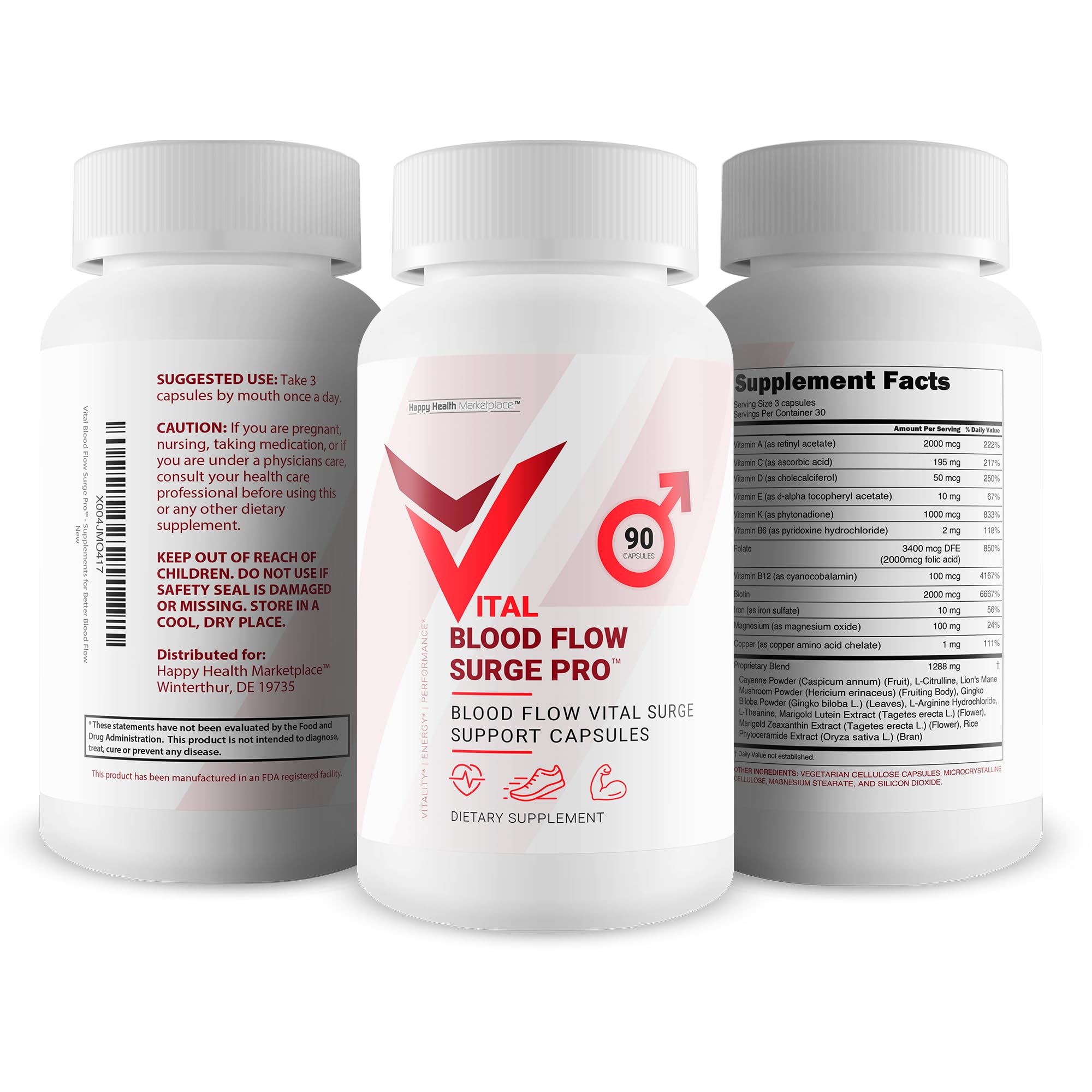 Pouring Vital Blood Flow Surge Pro bottle illustrating convenient daily routine.