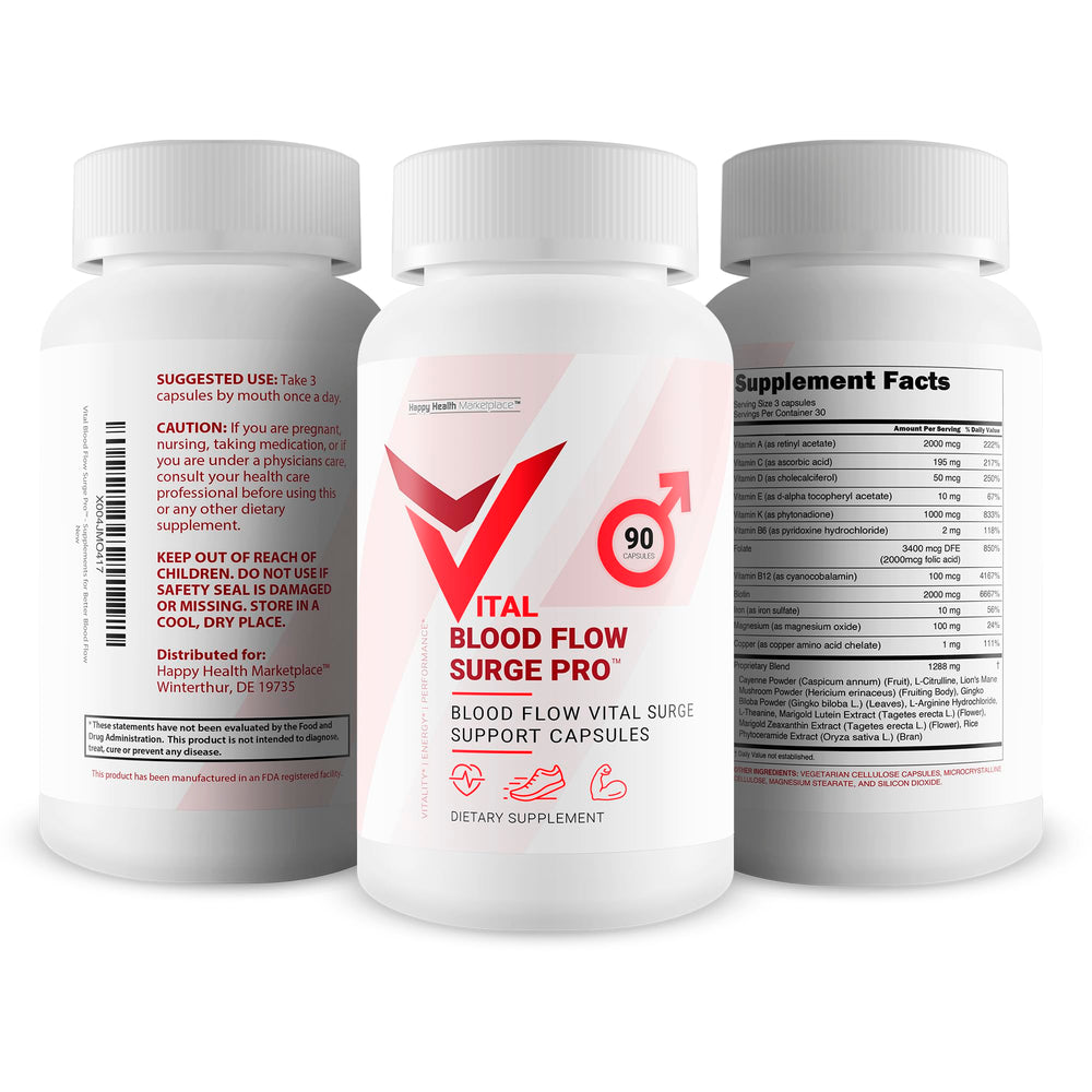 Pouring Vital Blood Flow Surge Pro bottle illustrating convenient daily routine.