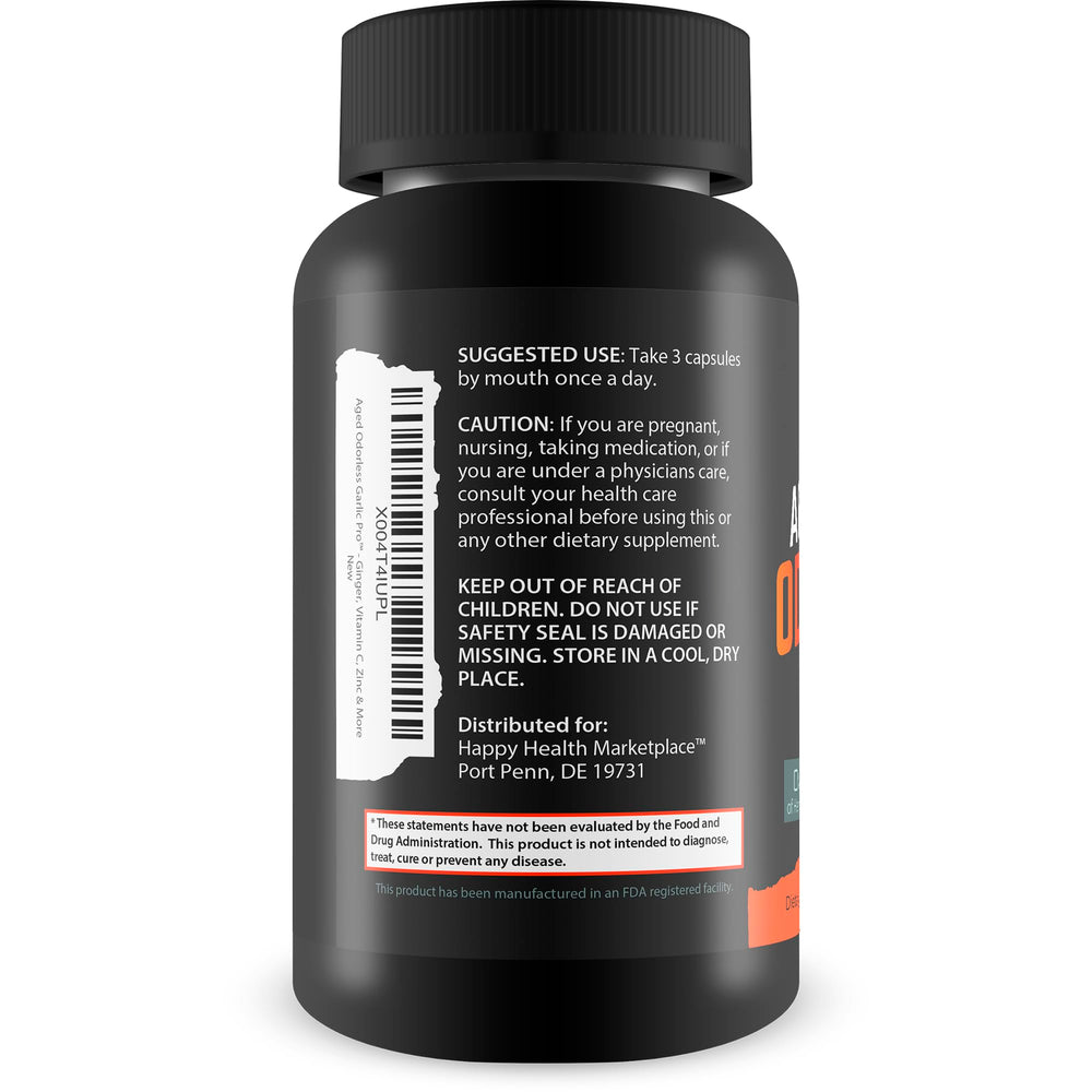 Happy Health Marketplace Aged Odorless Garlic Pro capsules with D3, C, zinc, turmeric for vitality.