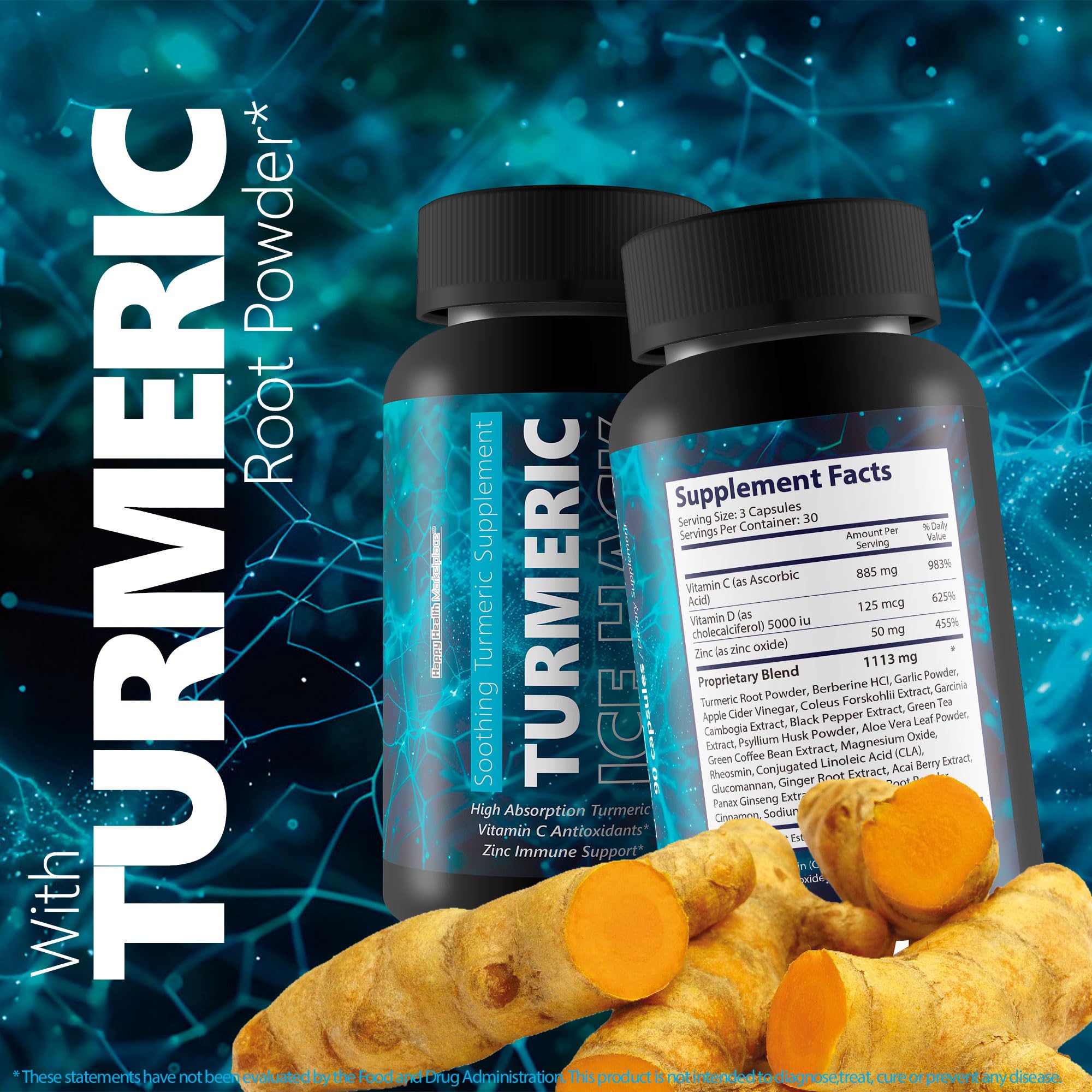 Happy Health turmeric curcumin image showcases natural color and blend