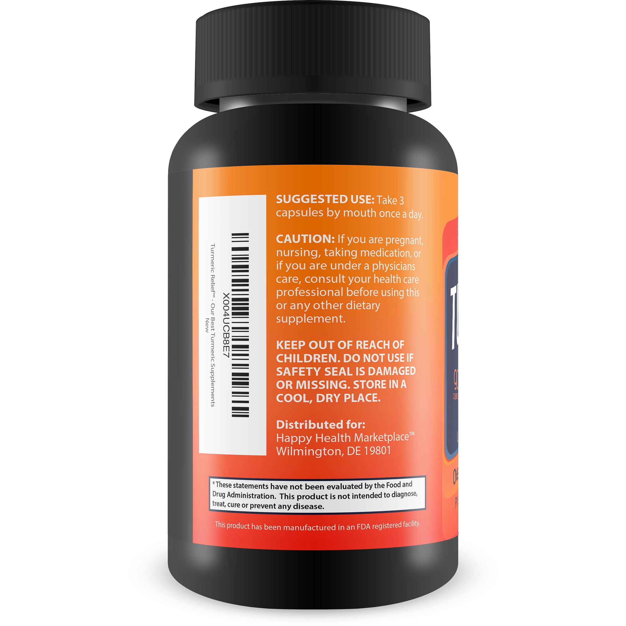 Happy Health Turmeric Relief bottle being poured for convenient daily intake.