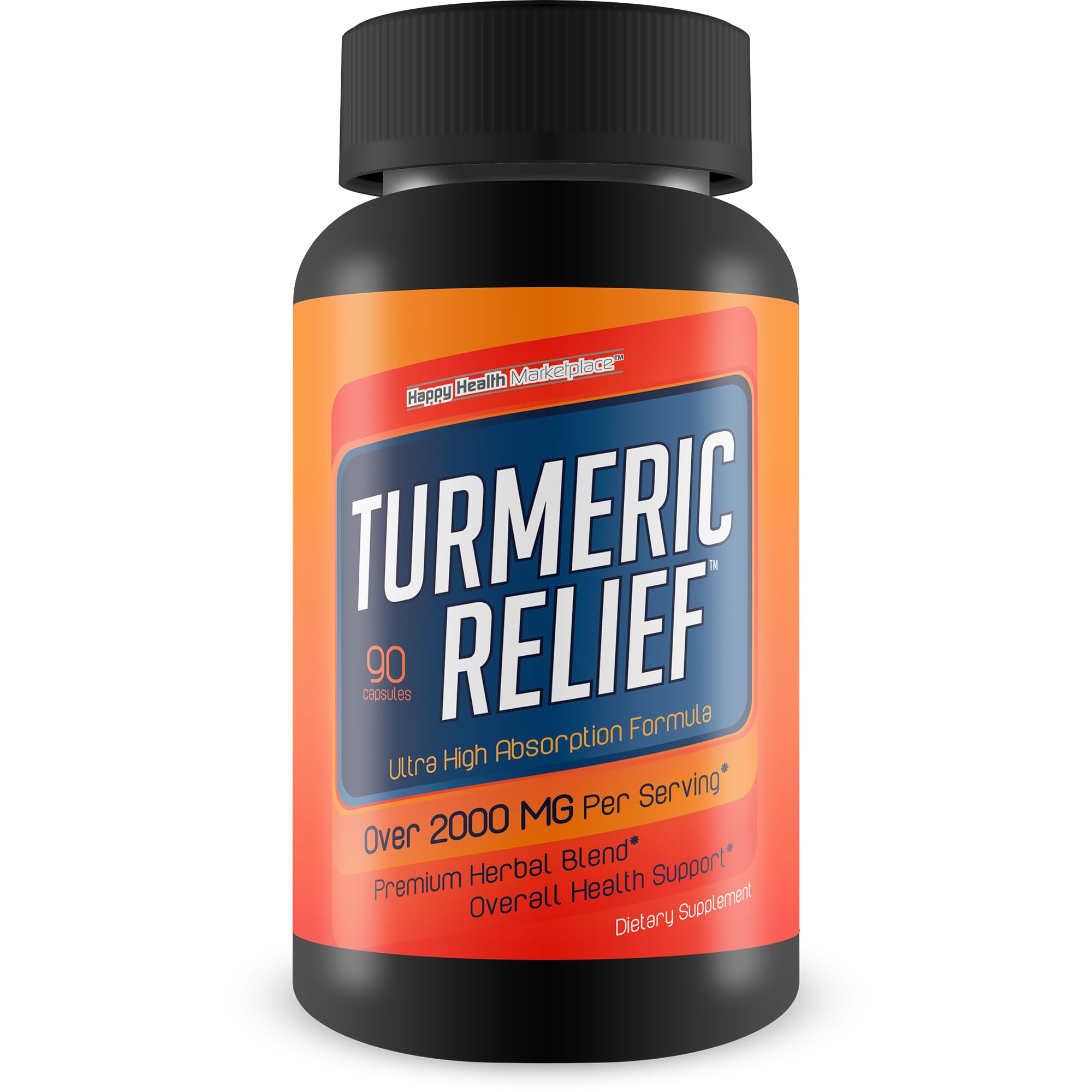 Happy Health Turmeric Relief bottle showing daily comfort from turmeric and pepper.