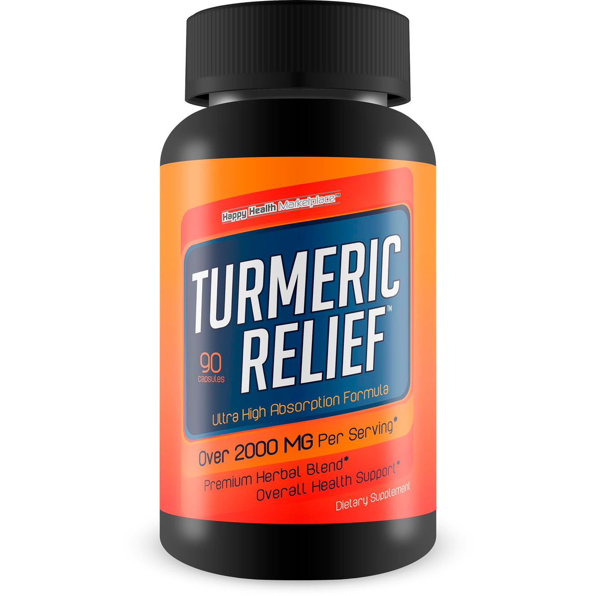 Happy Health Turmeric Relief bottle showing daily comfort from turmeric and pepper.