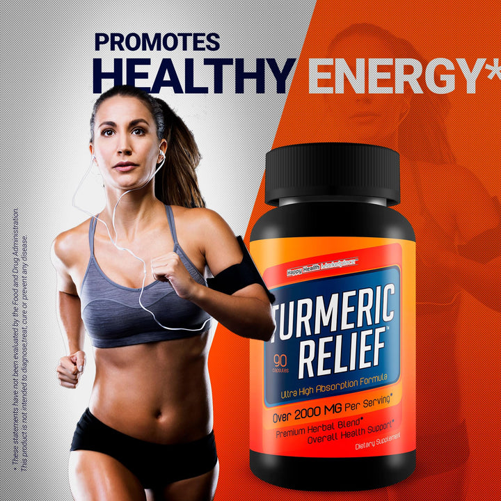 Happy Health Turmeric Relief with ginger root visuals suggesting natural flavor and support.