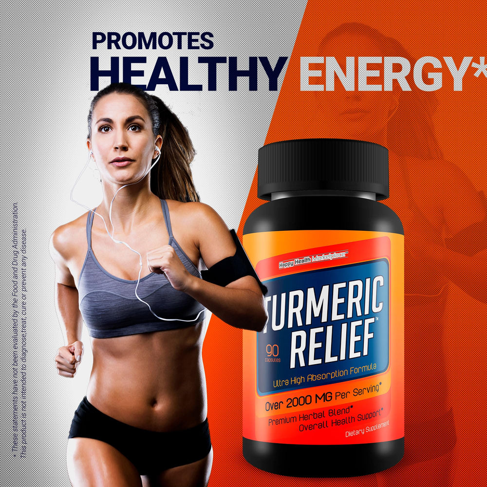 Happy Health Turmeric Relief with ginger root visuals suggesting natural flavor and support.