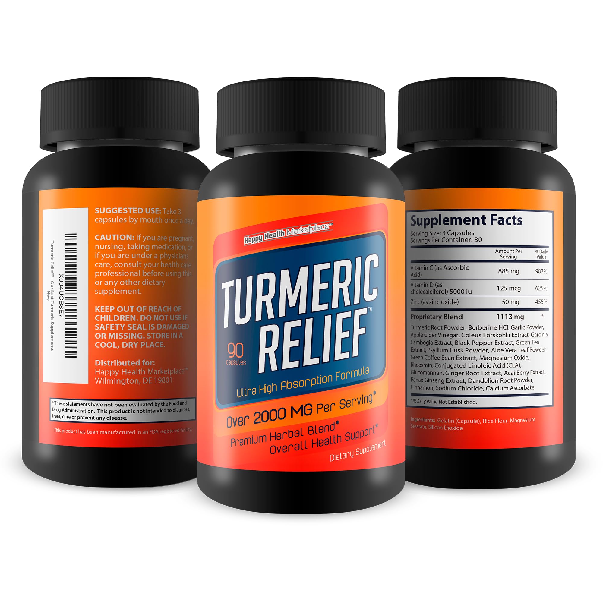 Happy Health Turmeric Relief label highlights key ingredients like pepper and ginger.